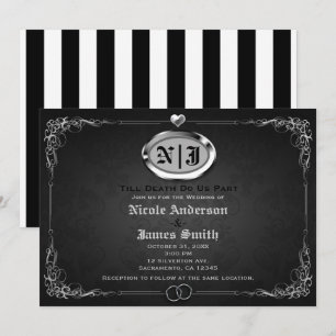 Convites Casamento de Halloween Gótico Vintage Prata e Pret