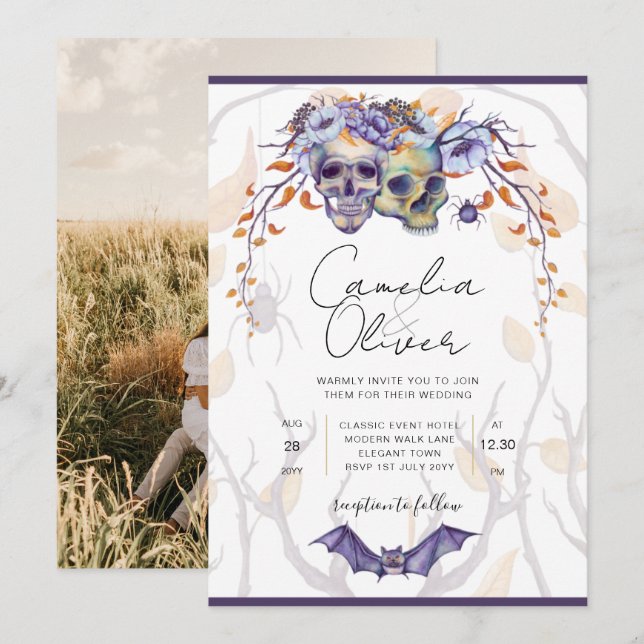Convites Casamento de Halloween Invitation Gothic Skulls Pu (Frente/Verso)