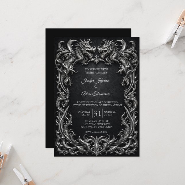 Convites Casamento de Halloween no estilo gótico com dragõe (Frente/Verso In Situ)