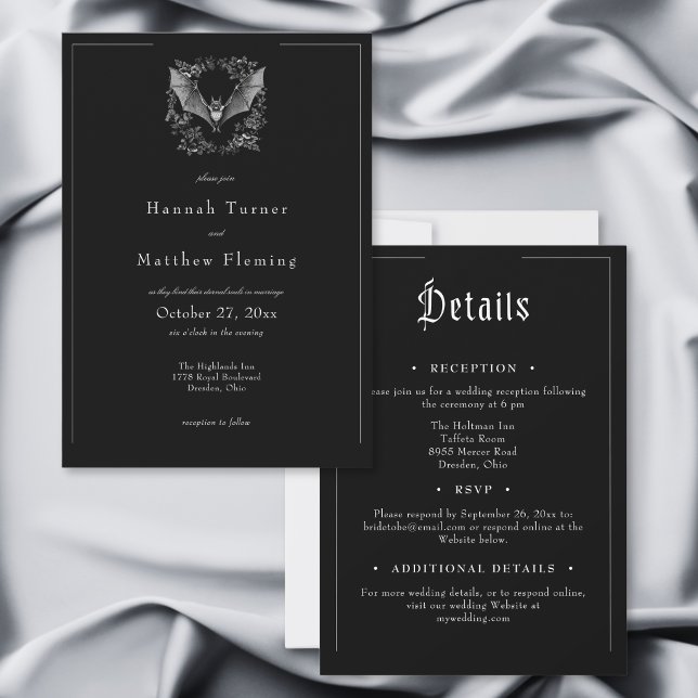 Convites Casamento de Halloween Preto Morcego Gótico de Doi (Gothic Bat Black Halloween Two Sided Wedding Invitation)