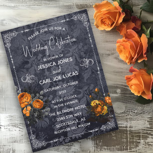 Convites Casamento de Halloween Rosa Laranja Floral Ornamen