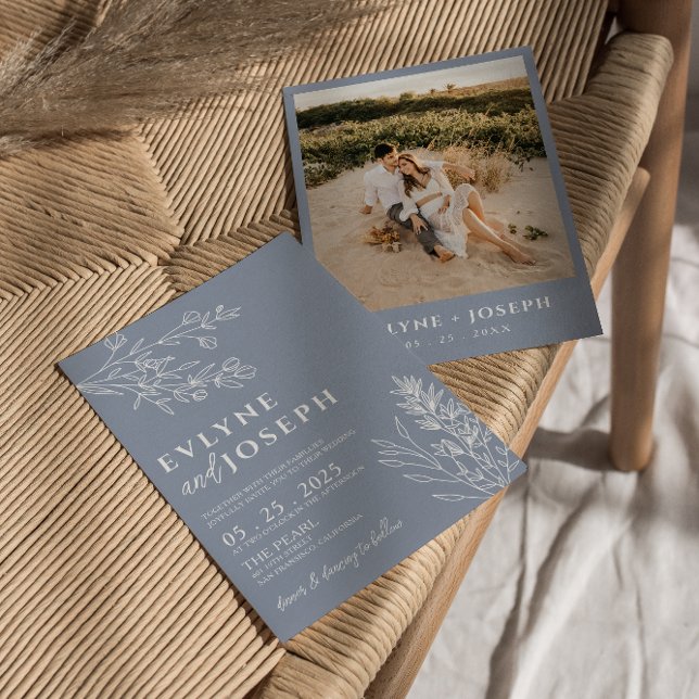 Convites Casamento de Herbal Azul-Dusta-Floral Elegante (Criador carregado)