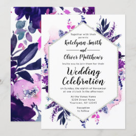 Convites Casamento de Hexágono Floral Violet Watercolor Enc