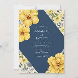 Convites Casamento de Hibisco Amarelo Navy com Eucalipto Su