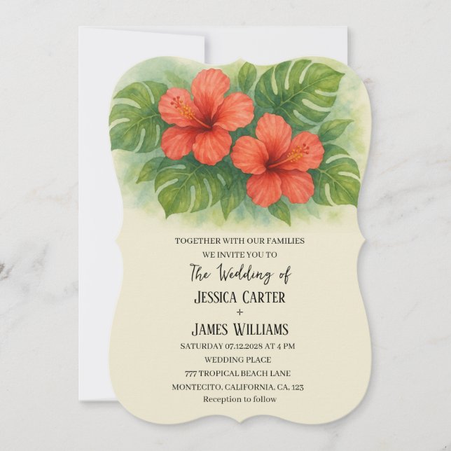 Convites Casamento de Hibiscus Havaiano de praia tropical (Frente)