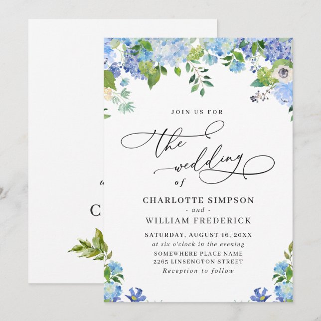 Convites Casamento de Hidrangea Azul Elegante com Aquarela  (Frente/Verso)