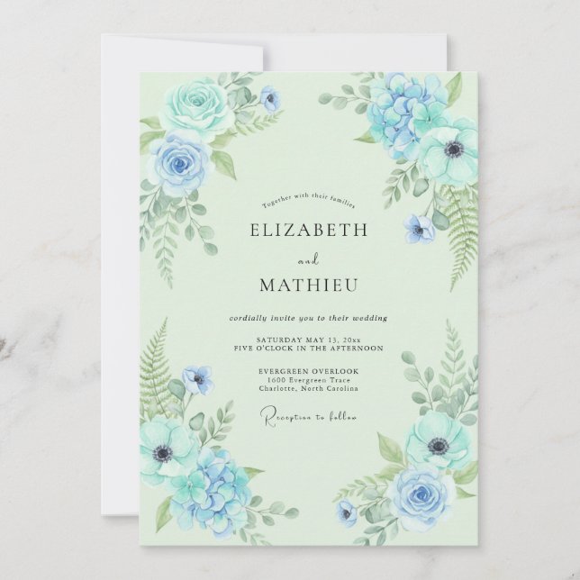 Convites Casamento de Hortelã Azul Flor Silvestre Samambaia (Frente)