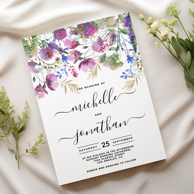 Convites Casamento de hortelã rosa, dourado, flor selvagem (Pink purple mint gold wild flower wedding )