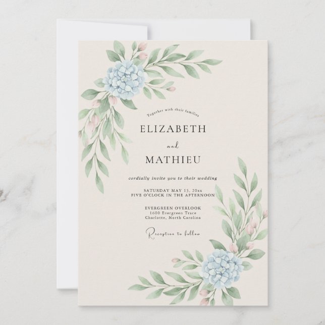 Convites Casamento de Hortênsia Azul Azure Folhagem de Euca (Frente)
