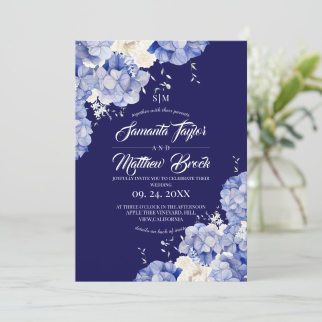Convites Casamento de Hortênsia Azul Real (Em pé/Frente)