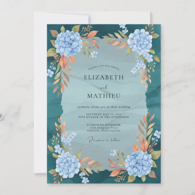 Convites Casamento de Hortênsia Azul Turquesa com Eucalipto (Frente)