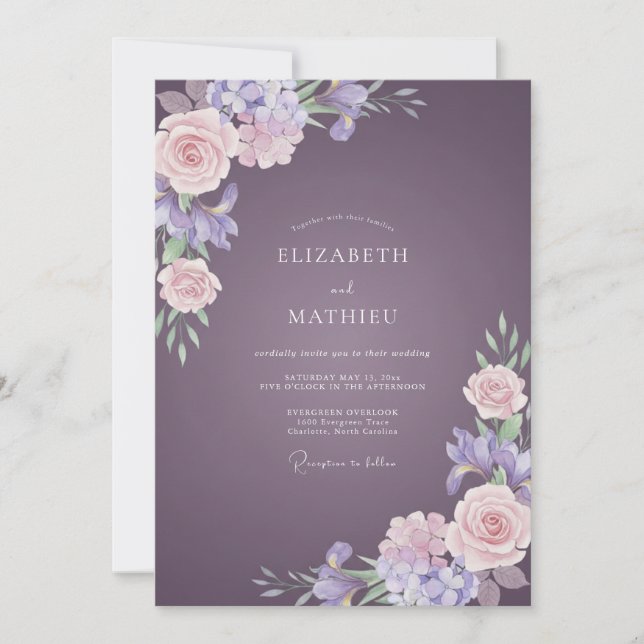 Convites Casamento de Hortênsia Eucalipto Ameixa Suave (Frente)