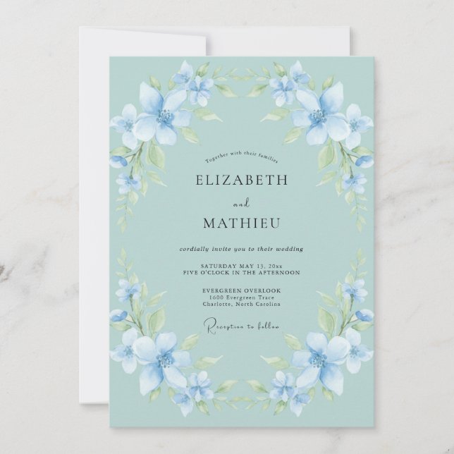 Convites Casamento de Hortênsia Eucalipto Azul-Celeste (Frente)