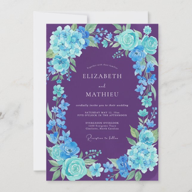 Convites Casamento de Hortênsia Eucalipto Ciano Roxo (Frente)