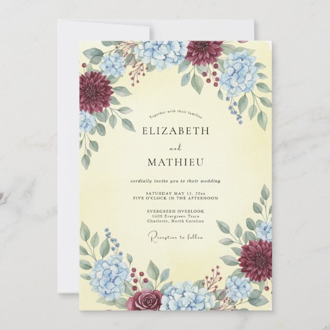 Convites Casamento de Hortênsia Eucalipto Cornflower Borgon (Frente)