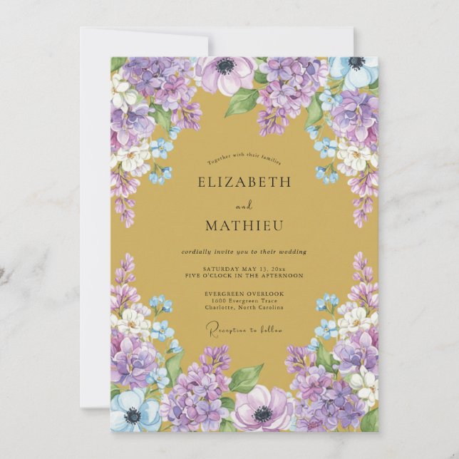 Convites Casamento de Hortênsia Eucalipto Dourado Roxo (Frente)