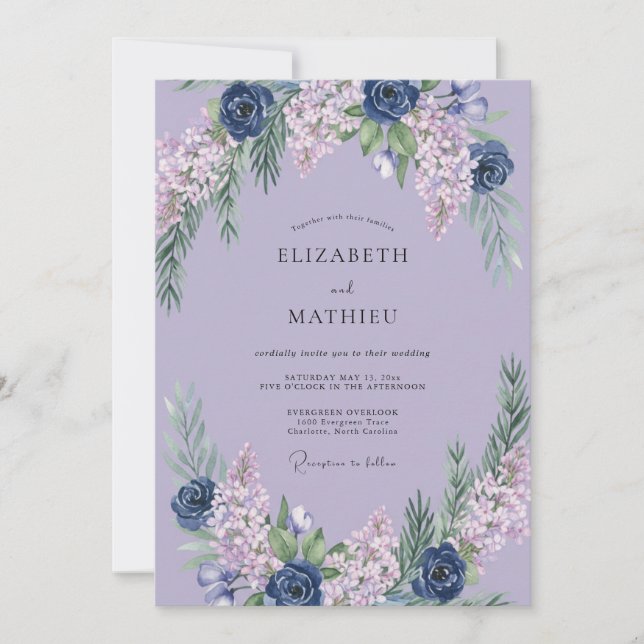 Convites Casamento de Hortênsia Eucalipto Índigo Lavanda (Frente)