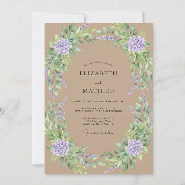 Convites Casamento de Hortênsia Eucalipto Lavanda Bege (Frente)