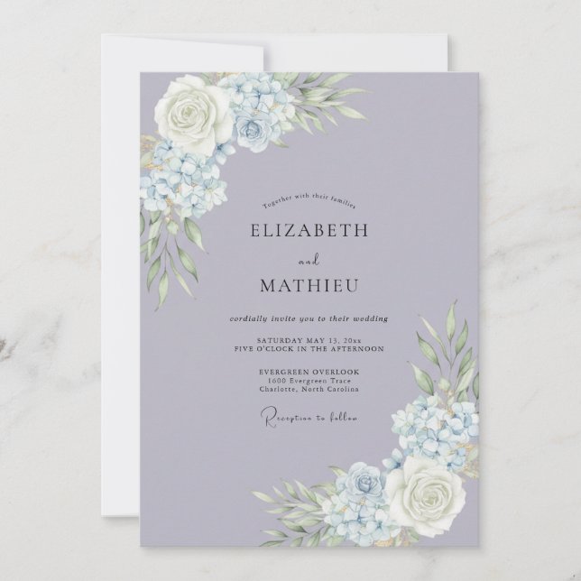 Convites Casamento de Hortênsia Eucalipto Lilás Dourado (Frente)