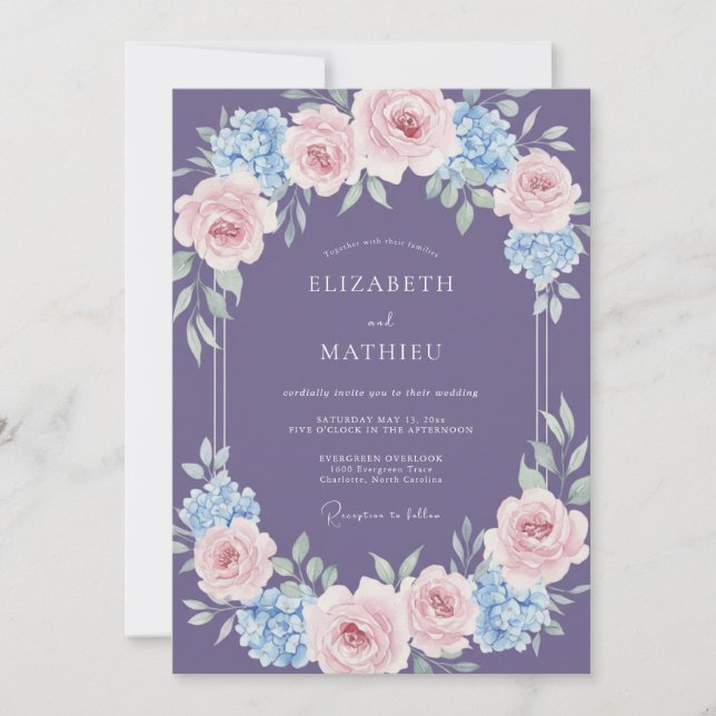 Convites Casamento de Hortênsia Eucalipto Roxo Suave (Frente)