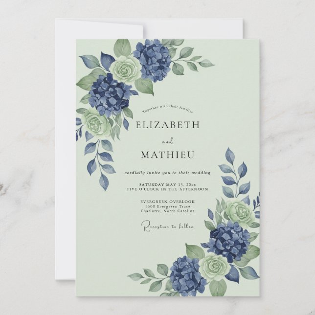 Convites Casamento de Hortênsia Menta Azul-Celeste Eucalipt (Frente)
