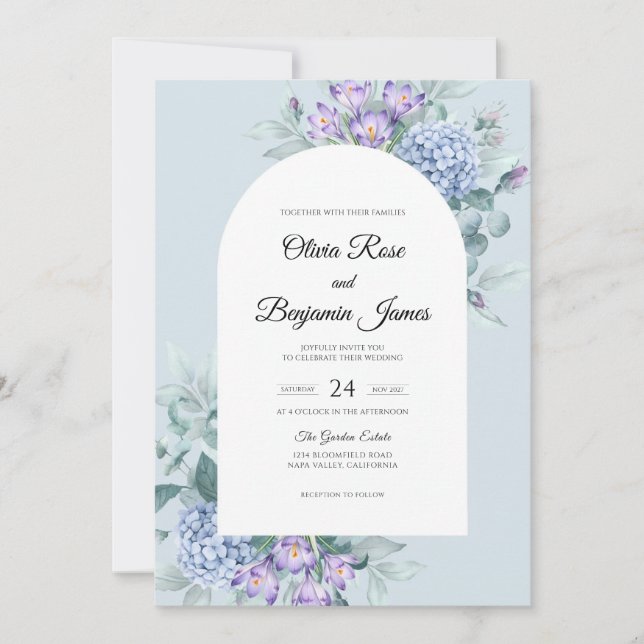 Convites Casamento de Hortênsia Roxa Periwinkle com Sage (Frente)