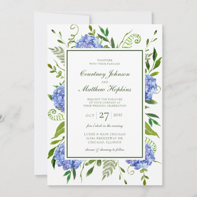 Convites Casamento de Hortênsias Azuis (Frente)