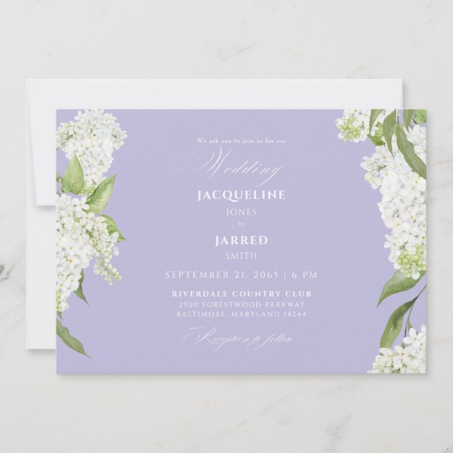 Convites Casamento de Hortênsias Brancas Lavanda  (Frente)
