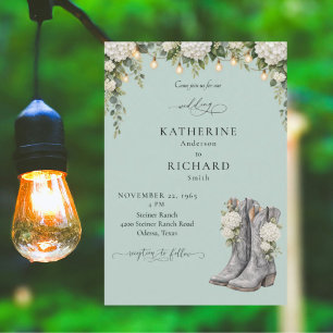 Convites Casamento de Hortênsias Rústicas e Botas de Cowboy