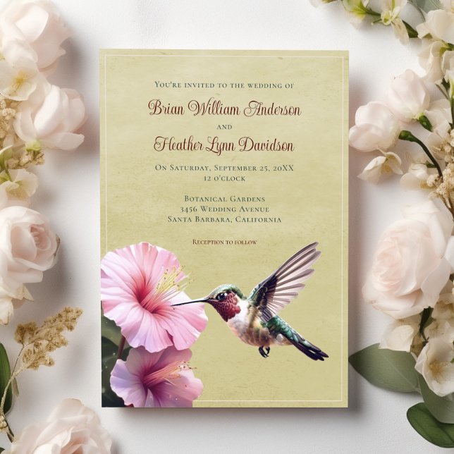Convites Casamento de Hummingbird e Hibiscus | Amarela (Yellow Hummingbird and Hibiscus Wedding Invitation)