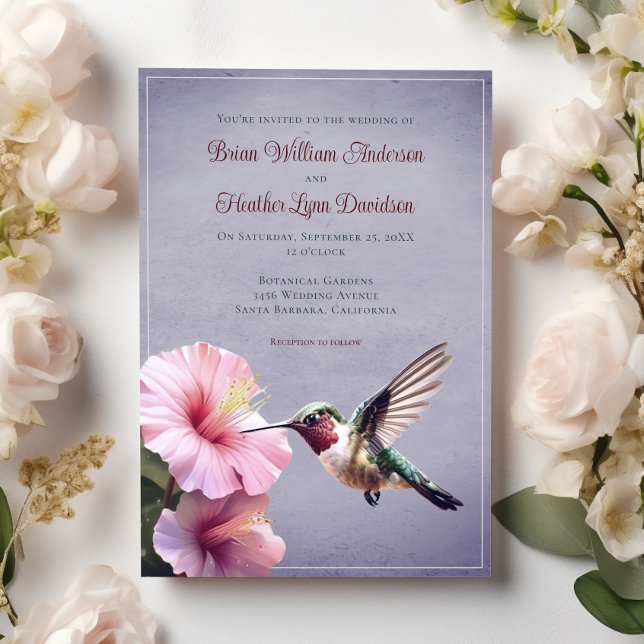 Convites Casamento de Hummingbird e Hibiscus | Roxa (Purple Hummingbird and Hibiscus Wedding Invitation)