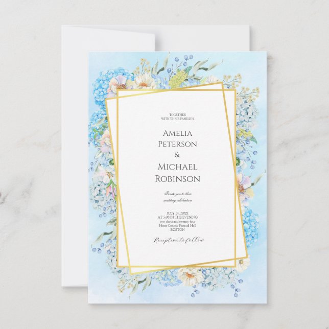 Convites Casamento de Hydrangea Azul Elegante (Frente)