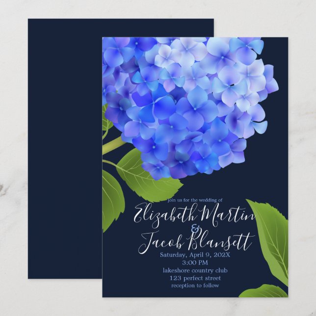 Convites Casamento de Hydrangea Azul Watercolor (Frente/Verso)