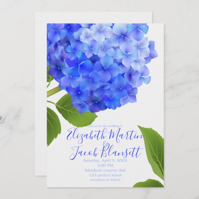 Convites Casamento de Hydrangea Azul Watercolor (Frente/Verso)