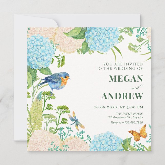 Convites Casamento de Hydrangea Bird Butterfly (Frente)