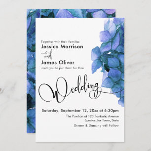 Convites Casamento de Hydrangea Blue Watercolor Script Eleg