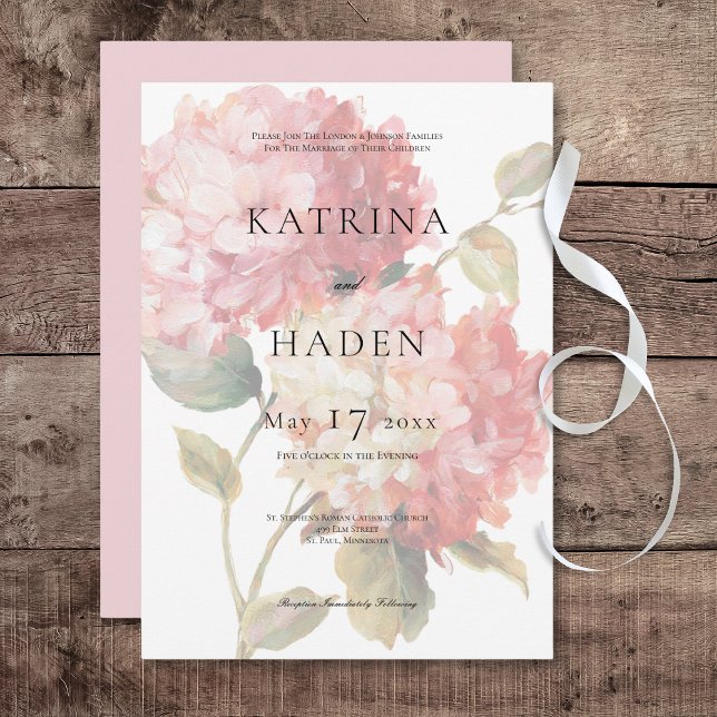 Convites Casamento de Hydrangea Blush Moderno Cor-de-Rosa (Modern Pink Blush Hydrangea Wedding Invitation)