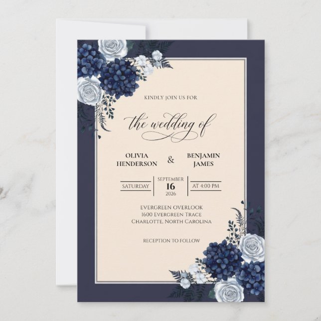 Convites Casamento de Hydrangea Eucalipto Creme Marinho (Frente)