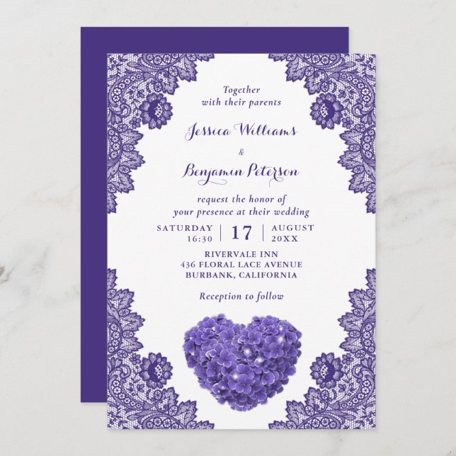 Convites Casamento de Hydrangea Roxo Roxo Personalizado (Frente/Verso)