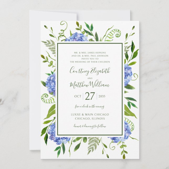 Convites Casamento de Hydrangeas Azul (Frente)