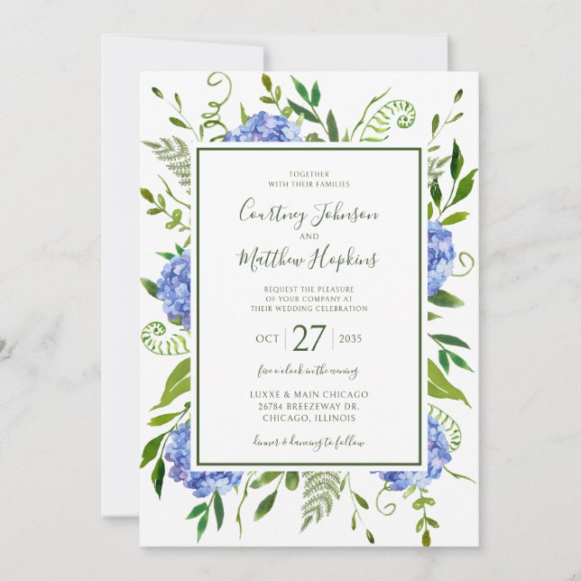Convites Casamento de Hydrangeas Azul (Frente)
