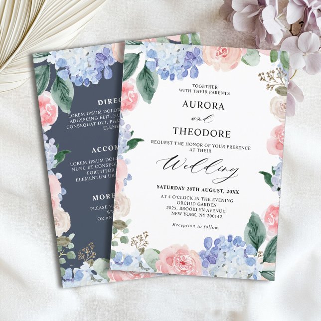 Convites Casamento de Hydrangeas Rosa Pastel Azul Dusty (Dusty Blue Pastel Pink hydrangeas Wedding Invitation)