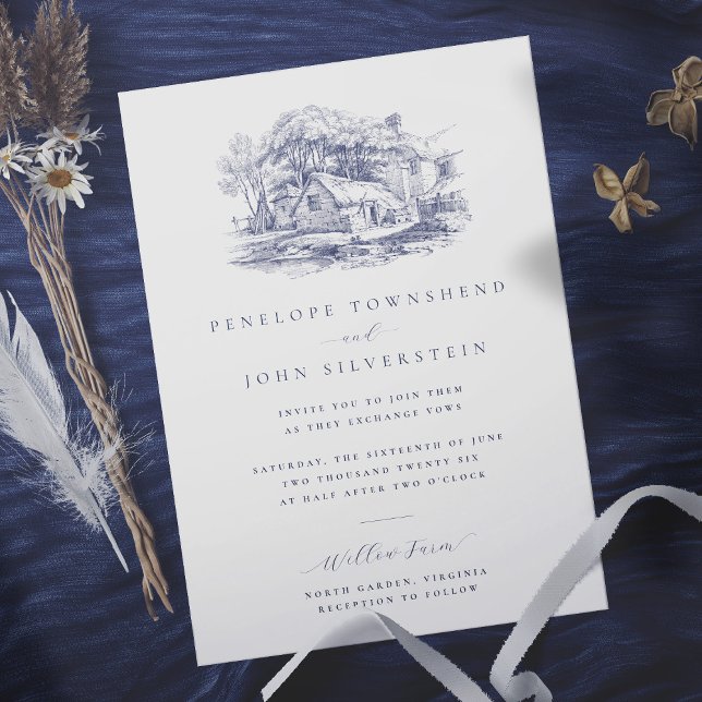 Convites Casamento de Ilustração da Casa Farmada Russa Eleg (Elegant white wedding invitation with an illustration of a rustic farmhouse)