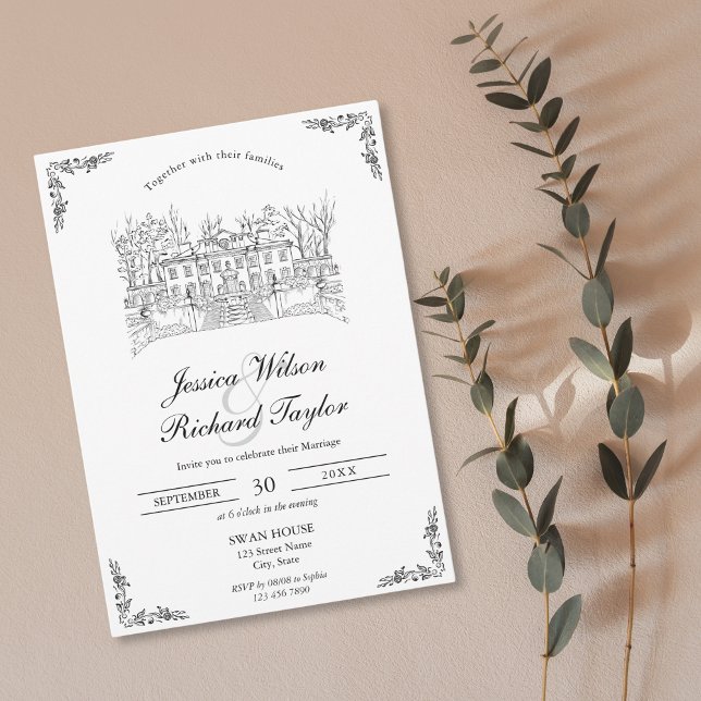 Convites Casamento de Ilustração de Local Desenhado Persona (classic hand drawn wedding venue invitation, swan house usa)
