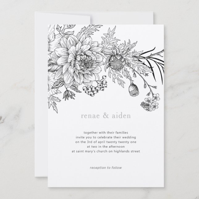 Convites Casamento de ilustração floral a preto e branco (Frente)