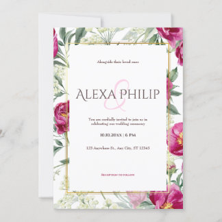 Convites Casamento de Ilustração Floral Cor de Água Rosa
