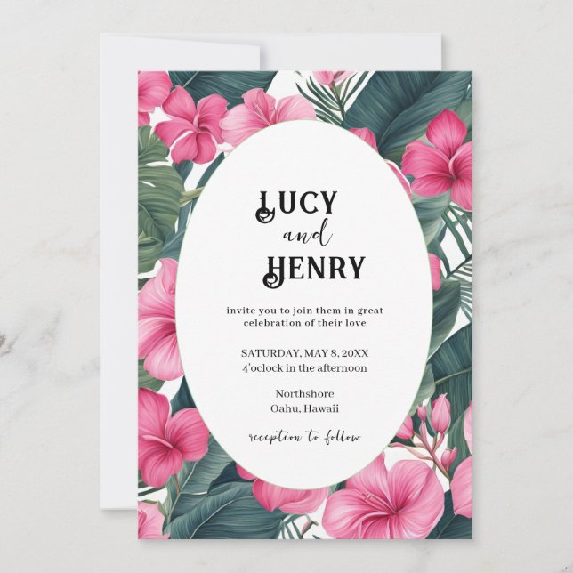 Convites Casamento de Impressão Floral de Feriado Rosa Trop (Frente)