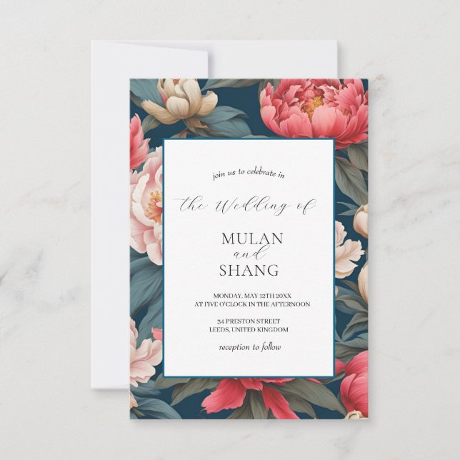 Convites Casamento de Impressão oriental de Pêonias Rosa e  (Frente)