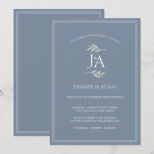Convites Casamento de Iniciais Clássicas Azul Elegante