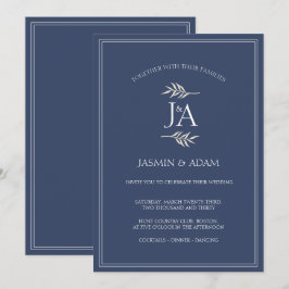 Convites Casamento de iniciais clássicas azul naval elegant